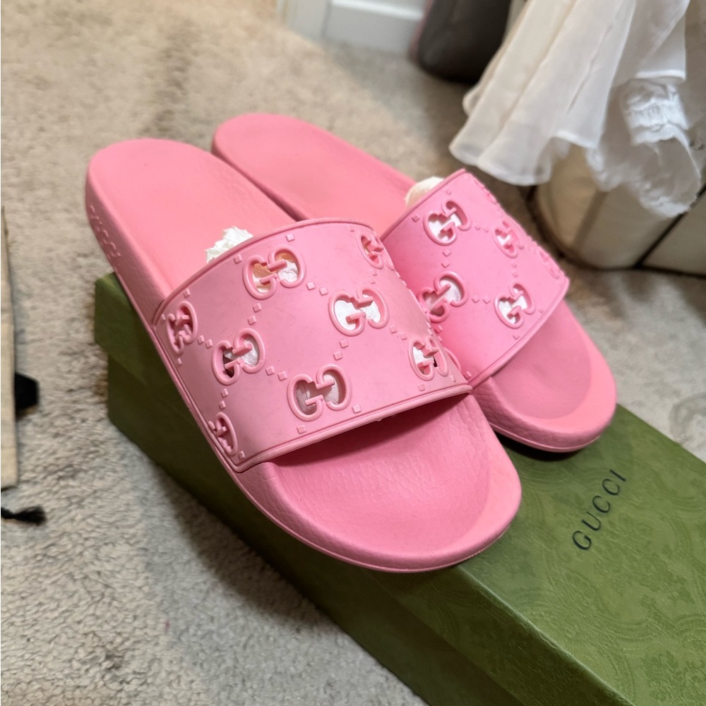 Gucci Pink Logo Embossed Slides